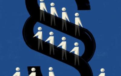 Stort paragraftegn som utgjør rulletrapper med personer som fraktes opp og ned. På bakkenivå flere personer på vei et sted